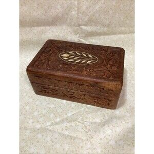 Vintage Hand Carved Wood Jewelry Trinket Box Hinged Top Pink Lined India 6” x 4”